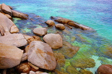 nature display big and small brown rock on beach and under water abstract background,copy space.