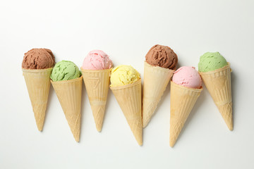 Ice cream in waffles on white background. Sweet food