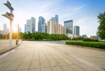 Waterfront Park Plaza and modern city buildings in Qingdao, China