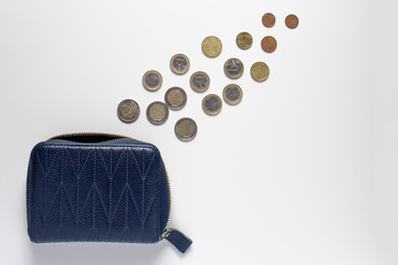 Dark blue female wallet and euro coins of different denominations on a white background. With place for text.