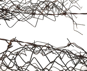 Frame old metal barbed wire fence protection isolated on white background and texture