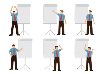 Set of businessman giving a presentation. Isolated vector cartoon illustration.