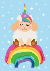 Fototapeta premium Greeting card with cute unicorn lamb sitting on rainbow