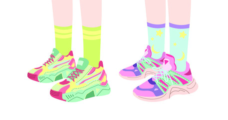 Cute feminine illustration. Girl legs wearing pastel sneakers. Harajuku style. Fashion illustration vector. Sneakers concept design