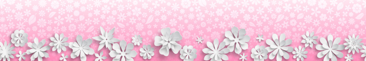 Banner with floral texture in pink colors and big white paper flowers with soft shadows. With seamless horizontal repetition