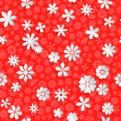 Fototapeta na wymiar Seamless pattern with floral texture in red colors and big white paper flowers with soft shadows