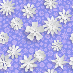 Seamless pattern with floral texture in purple colors and big white paper flowers with soft shadows