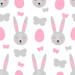Easter seamless pattern. Cute rabbits, butterflies, eggs.