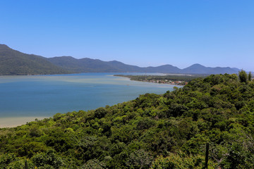 The beautiful panoramic view from the Mole beach viewpoint in Florianópolis, Santa Catarina.