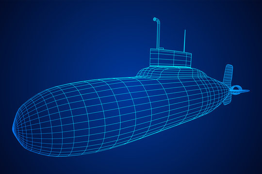 Military atomic submarine underwater boat. Wireframe low poly mesh vector illustration