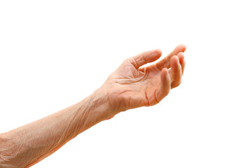 Old lady's hand with open palm. Elderly lady is waiting for help. Elderly, Aging concept, with white background. Isolated white background, close up, overhead, copy space.