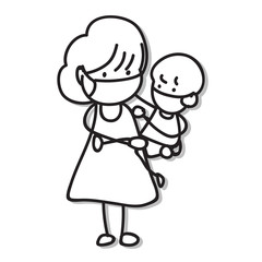 hand drawing cartoon character people in family wear mask protection from Covid-19