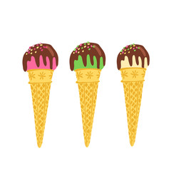 Set of ice cream balls in waffle cones decorated with chocolate glaze. Green, pink, yellow colors. Hand drawn vector illustration isolated on white background.