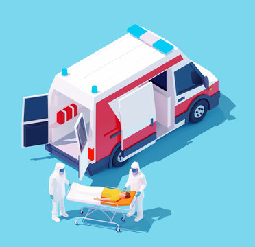 Vector isometric ambulance hospitalization man with coronavirus disease or Covid-19. Paramedics in protective masks hospitalize patient with suspected infectious coronavirus or Covid-19 to hospital