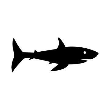 Vector illustration of a black silhouette shark. Isolated white background. Icon fish shark side view profile. - Vector