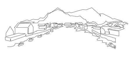 Norwegian Mountain landscape continuous one line vector drawing. Norway, a small town with houses near the shore of the water with fishing boats hand drawn silhouette. Nature, rock panoramic sketch.