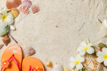 Fototapeta na wymiar Oraneg sandal with Shells and plumeria flowers on sand
