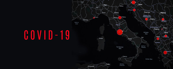 Coronavirus epidemic, word COVID-19 on global map. Europe virus outbreak. Horizontal web banner with world map with epidemic epicenter and text on black background.