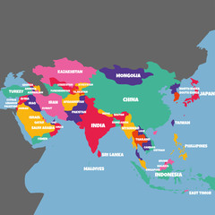 ASIA MAP WITH THE NAME OF THE COUNTRIES - obrazy, fototapety, plakaty