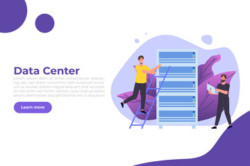 IT  Administrators server, systems configuration, network upkeeping, Data center  concept. Flat  vector  template illustration.