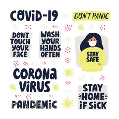 Coronavirus prevention. Hand drawn vector lettering for banner, flyer, sticker. Wash hands, don't touch your face. Girl in mask illustration.