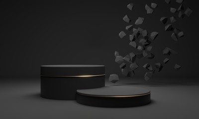 Podium for mockup template with copy space and falling stones. Dark matte pedestal - exhibition of brand products, goods. Gold glitter decor design. Luxury expensive studio - 3d render illustration. 