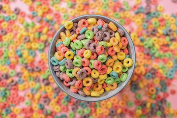 selective focus of bright colorful breakfast cereal in bowl