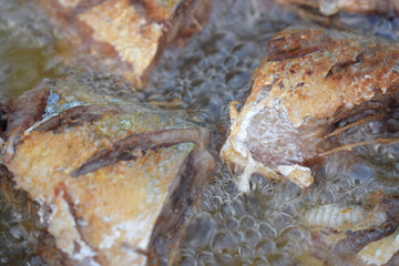 Tuna frying with oil to boil in a pan
