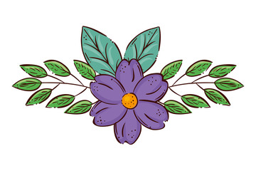 cute flower purple with branches and leafs vector illustration design