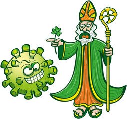 Saint Patrick wearing his ceremony garments while yelling at and chasing a green virus. He holds a green clover while pointing to his right. The evil virus mocks at St Patrick while grinning naughtily