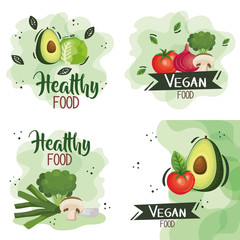 set of vegan food poster with vegetables vector illustration design