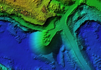 DEM - digital elevation model. Product made after proccesing pictures taken from a drone. It shows excavation site with steep rock walls
