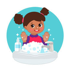 Cute Young afro american Girl washing hands in the sink illustration.