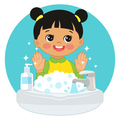 Cute Young China Girl washing hands in the sink illustration. Vector illustration Of Washing Hands with Antibacterial hand sanitizer, in cartoon flat illustration vector isolated in white background.
