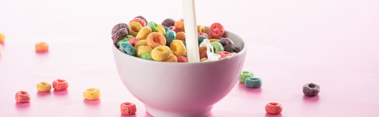 bright multicolored breakfast cereal in bowl with pouring milk on pink background, panoramic shot