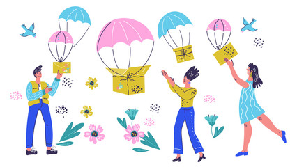 Mail service, correspondence and goods delivery banner with people characters.