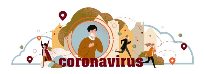 Coronavirus in China. Coronavirus (2019-nCoV), running people in white medical face mask. Concept of coronavirus quarantine. Infected person. Сoronovirus spread. Flat vector illustration.