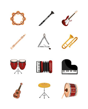 musical instruments string wind percussion icon set isolated icon