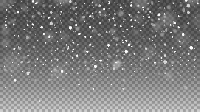Falling snow on transparent background. Snowfall. Vector illustration.