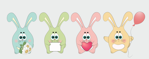 Bunny set. Rabbits collection. Easter color rabbits. Funny cartoon animal.