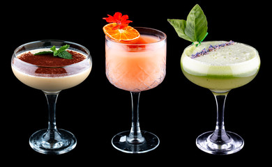 Exquisite original cocktails on a black background.