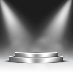 Silver podium with spotlights and steam. Pedestal. Vector illustration.