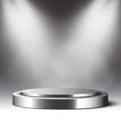Metal podium and spotlights. Round pedestal. Scene for performance. Vector illustration.