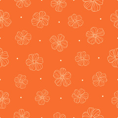 Light hand drawn blossoms with dots on bright orange background. Seamless summer floral pattern.