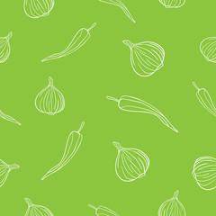 Line drawn chili and onion on bright green background. Seamless food healthy pattern.