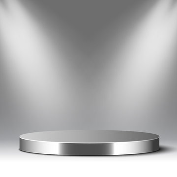 Metal Podium And Spotlights. Round Glossy Pedestal. Scene. Vector Illustration.