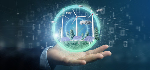 Businessman holding a Windturbines and solar panel producting clean energy - 3d rendering