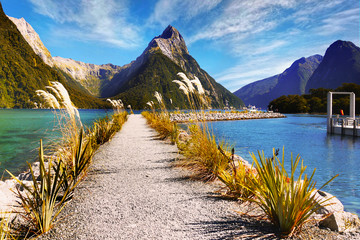 New Zealand Milford Sound Fiordland National Park coastal landscape hiking trail