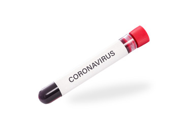 Virus COVID-19 pandemic concept - single blood sample tube with  Coronavirus text isolated on a white background