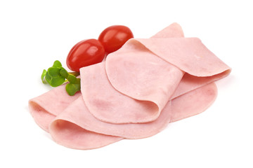 Sliced boiled ham, isolated on white background